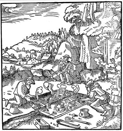 Fordamping av gryter med saltlake i en naturlig varm kilde for å få salt, 1556 av Unbekannt