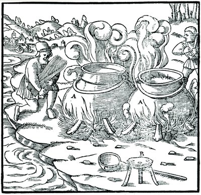 Fordamping av sjøvann i jerngryter for å oppnå salt, 1556 av Unbekannt