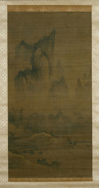 Kveldsklokke fra tåkeinnhyllet tempel, høstmåne over innsjøen Dongting til høyre, ca. 1450-1500. av Unbekannt