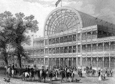 Eksteriør av det nordlige tverrskipet til Crystal Palace, London, bygget for den store utstillingen, 1851 av Unbekannt
