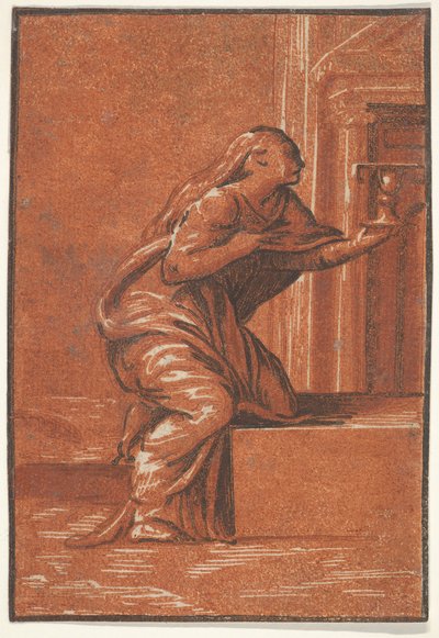 Kvinnelig personifisering av Faith som kneler og hever en kalk i venstre hånd, af..., ca. 1520-1560. av Unbekannt