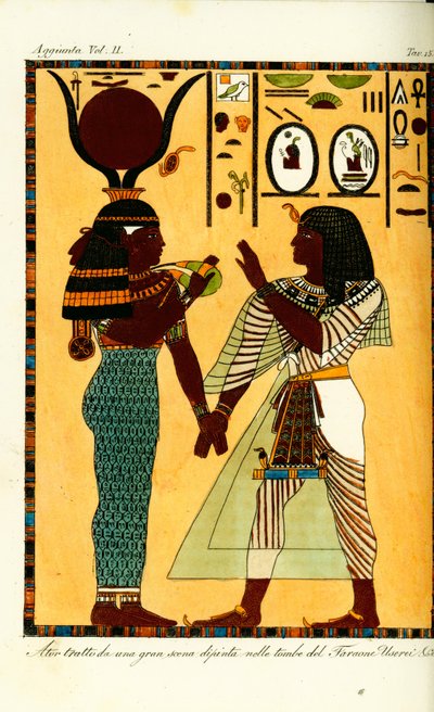 Figur av den egyptiske gudinnen Hathor med kong Seti I fra graven hans i Theben, oppdaget av Giovanni Battista Belzoni av Unbekannt