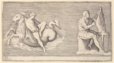 Figur på Seagoat, Man Carving Wing, publisert ca. 1599-1622. av Unbekannt