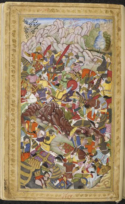 Første slaget ved Panipat, 1526. Miniatyr fra Baburnama, ca 1592. av Unbekannt