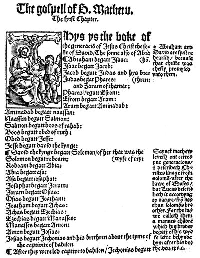 Første side av Matteus-evangeliet fra William Tyndales engelske nye testamente, 1525 av Unbekannt