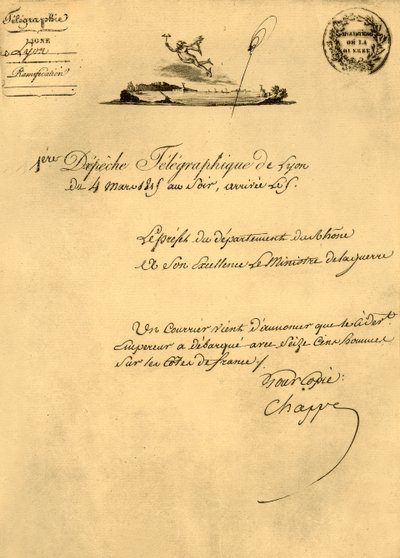 Første telegrafutsendelse fra Lyon, 4. mars 1815, 1921. av Unbekannt