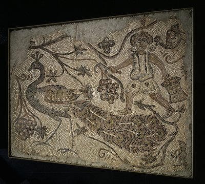Gulvmosaikkpanel: Druehøster med påfugl, 400-tallet. av Unbekannt