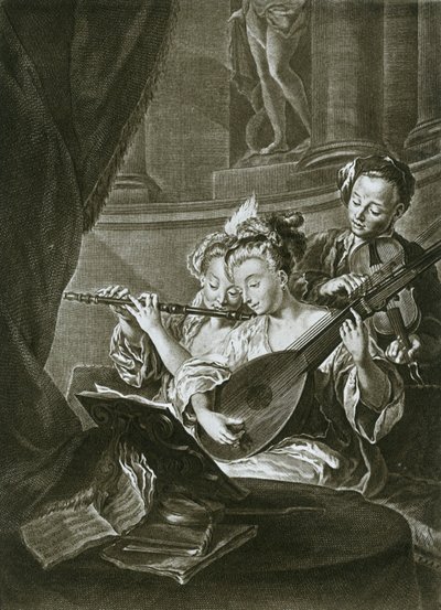 Fløyte, fiolin og chitarrone George Frederick Handel som ung musiker i Hamburg, attende c av Unbekannt