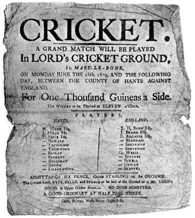 Flyer som annonserer en cricketkamp mellom Hampshire og England, 1819 1912 av Unbekannt