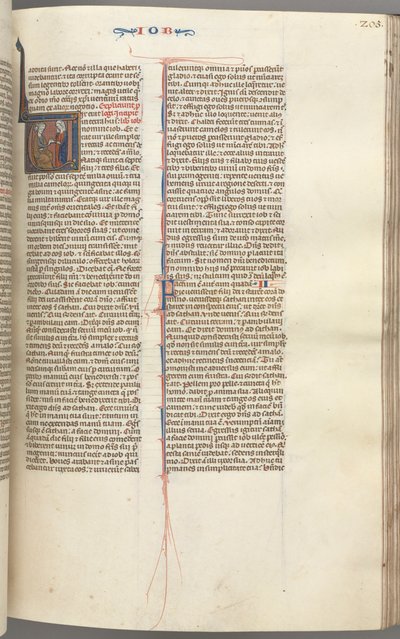 Fol. 205r, Job, historikk initial V, Job på møkkhaugen gitt en gullørering, ca. 1275-1300. av Unbekannt