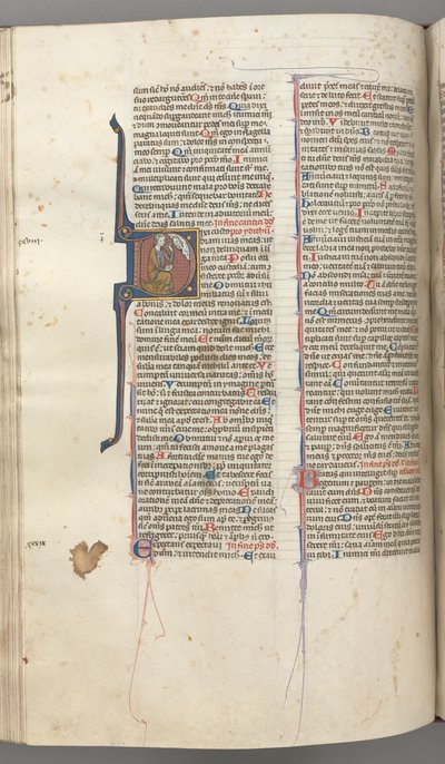Fol. 220v, Salme 38, historikk initial D, David på kne og gestikulerer til Guds byste ovenfor, ca. 1 av Unbekannt