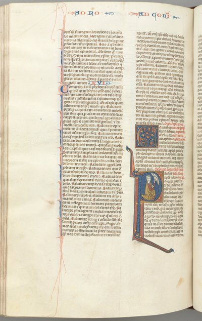 Fol. 440v, Corinthians I, historikk initial P, Paul knelende og snakker til Guds byste ovenfor, ca. av Unbekannt