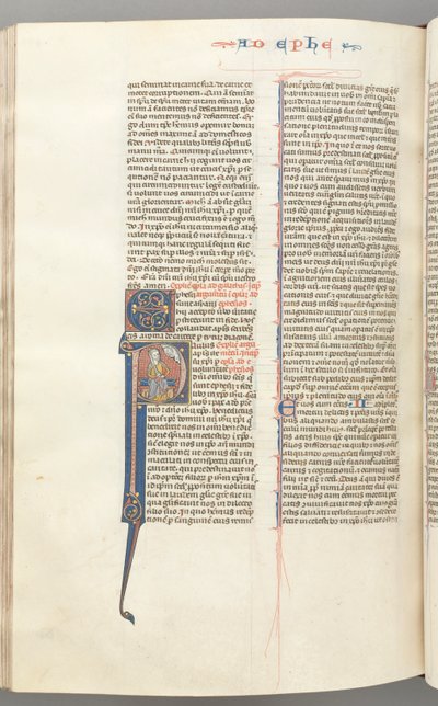 Fol. 450v, Efeserbrevet, historisk initial P, Paulus sittende med et sverd, Guds byste ovenfor, ca. 127 av Unbekannt