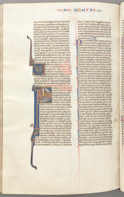 Fol. 454v, Thessalonians I, historiker for initial P, Paulus satt med et sverd og en bok..., ca. 1275-13 av Unbekannt