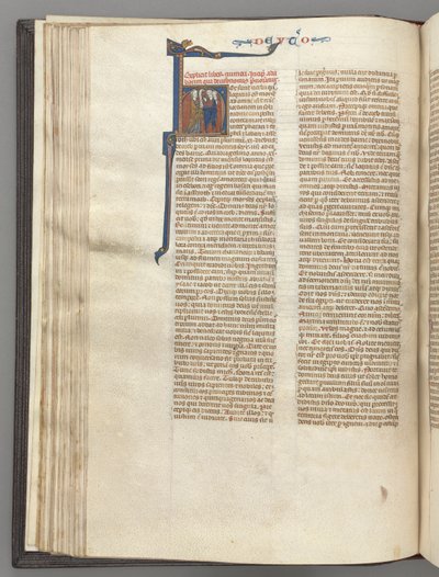 Fol. 62v, 5. Mosebok, historikk initial H, Moses med horn og rulleforkynnelse..., ca. 1275-1300 av Unbekannt