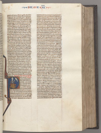Fol. 86r, Dommere, historisk initial R, Juda sittende med en bok som snakker med Gud, ca. 1275-1300. av Unbekannt