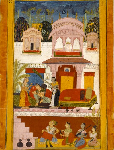 Forlatt dame med hushjelper, illustrerer den musikalske modusen Patamanjari Ragini, 1695-1700 av Unbekannt