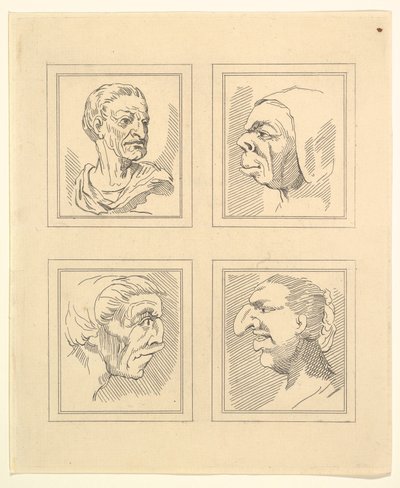 Fire hoder fra Characaturas av Leonardo da Vinci, fra tegninger av Wincelslaus Hollar, o..., 1786. av Unbekannt