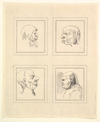 Fire hoder fra Characaturas av Leonardo da Vinci, fra tegninger av Wincelslaus Hollar, o..., 1786. av Unbekannt