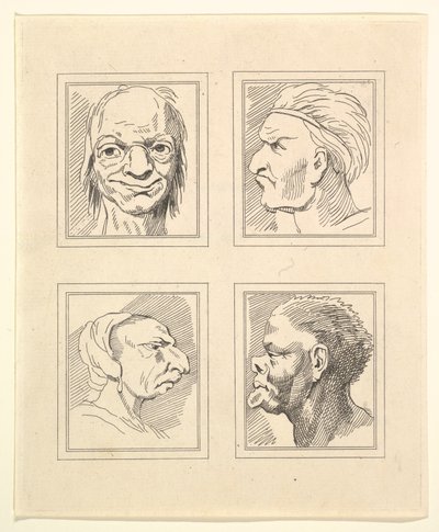 Fire hoder fra Characaturas av Leonardo da Vinci, fra tegninger av Wincelslaus Hollar, o..., 1786. av Unbekannt