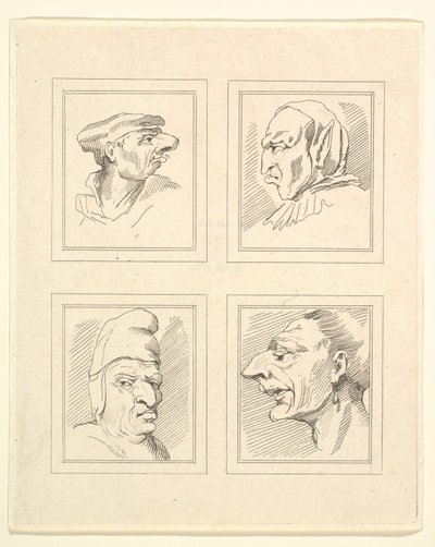 Fire hoder fra Characaturas av Leonardo da Vinci, fra tegninger av Wincelslaus Hollar, o..., 1786. av Unbekannt