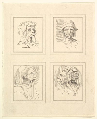Fire hoder fra Characaturas av Leonardo da Vinci, fra tegninger av Wincelslaus Hollar, o..., 1786. av Unbekannt