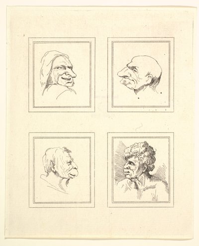 Fire hoder fra Characaturas av Leonardo da Vinci, fra tegninger av Wincelslaus Hollar, o..., 1786. av Unbekannt