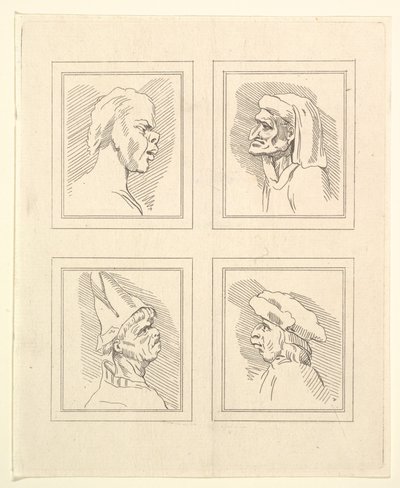 Fire hoder fra Characaturas av Leonardo da Vinci, fra tegninger av Wincelslaus Hollar, o..., 1786. av Unbekannt