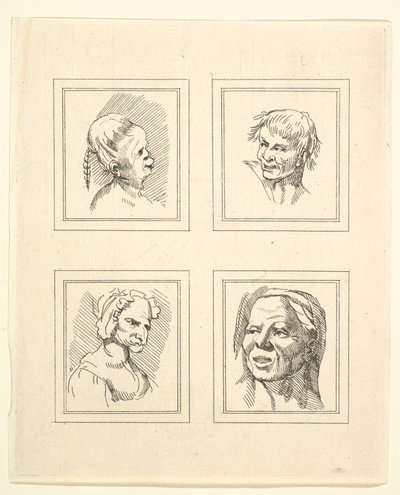 Fire hoder fra Characaturas av Leonardo da Vinci, fra tegninger av Wincelslaus Hollar, o..., 1786. av Unbekannt