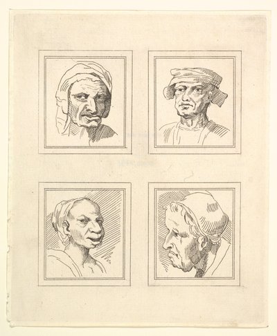 Fire hoder fra Characaturas av Leonardo da Vinci, fra tegninger av Wincelslaus Hollar, o..., 1786. av Unbekannt