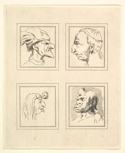 Fire hoder fra Characaturas av Leonardo da Vinci, fra tegninger av Wincelslaus Hollar, o..., 1786. av Unbekannt