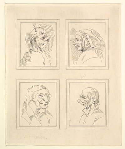 Fire hoder fra Characaturas av Leonardo da Vinci, fra tegninger av Wincelslaus Hollar, o..., 1786. av Unbekannt