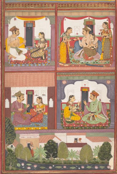 Fire kjærlighetsscener og et landskap: Side fra en spredt Raskapriya, ca. 1700. av Unbekannt