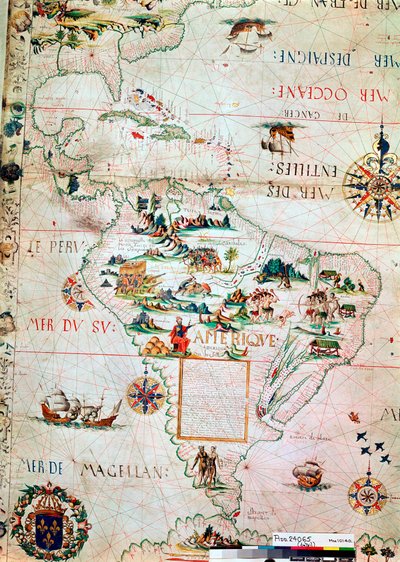 Fransk kart over Sentral- og Sør-Amerika, fransk, 1550 av Unbekannt