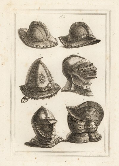 Fransk jerngrytehjelm 1,2, gravert stålhette fra 1500-tallet 3, stor lys hjelm 4, åpen hjelm 5, ornamentert hjelm med visir 6 av Unbekannt