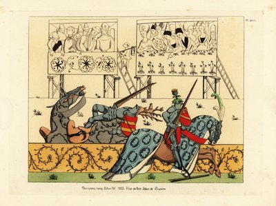 Den franske ridderen Jean de Saintre i roret med tistelvåpen beseirer den spanske ridderen Enguerrant i roret med utdrikningslaget i en dyst fra manuskriptet Histoire de Petit Jehan de Saintre, sent på 1400-tallet av Unbekannt