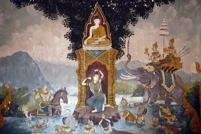 Fresco som viser en scene fra Buddhas liv i Wat Phra Doi Suthep, Chiang Mai. Phra Mae Thorani vrir det lange håret og strømmer av vann skaper en flom. Thailand av Unbekannt