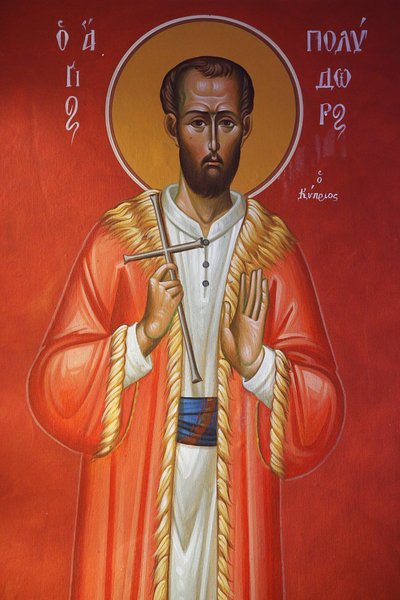 Fresco i Holy Cross Church, Pedoulas. Saint Polydor fra Kypros, 20150510, Pedoulas, Kypros av Unbekannt