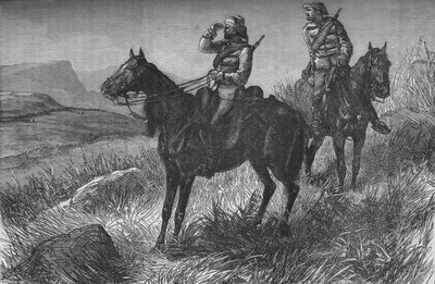 Frontier Light Horse, på Vedette Duty, oppdager Zulus nær Woods Camp, på Kambula Hill, c1880 av Unbekannt