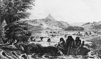 Fuegians ved Woollya, med Fitzroy-ekspedisjonens leir i bakgrunnen, 1831 1839 av Unbekannt