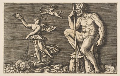 Galatea rømmer Polyphemus, han sitter på en stein med en stav og rør og..., ca. 1515-1600. av Unbekannt