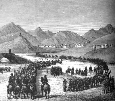 General Rosss-divisjon krysser Logar-elven på vei for å møte Sir Donald Stewart, c1880 av Unbekannt