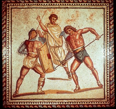 Gladiatorer på arenaen, romersk mosaikk, Saarbrücken, Tyskland av Unbekannt