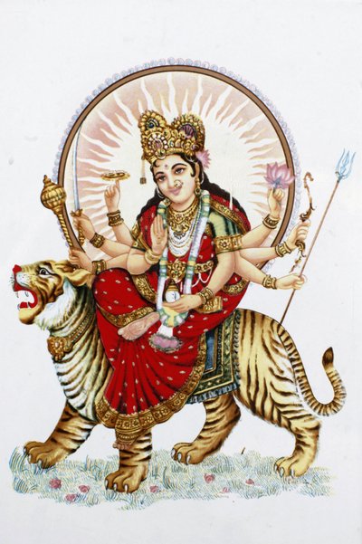 Gudinnen Sherawali (Durga) rir på en tiger Rishikesh India av Unbekannt