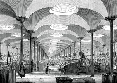 Stor hall i Mrs Marshalls linfabrikk, Leeds, c1880 av Unbekannt