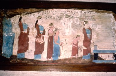 Greske musikere ved et offer, malt på tre, c520BC-c500 BC av Unbekannt