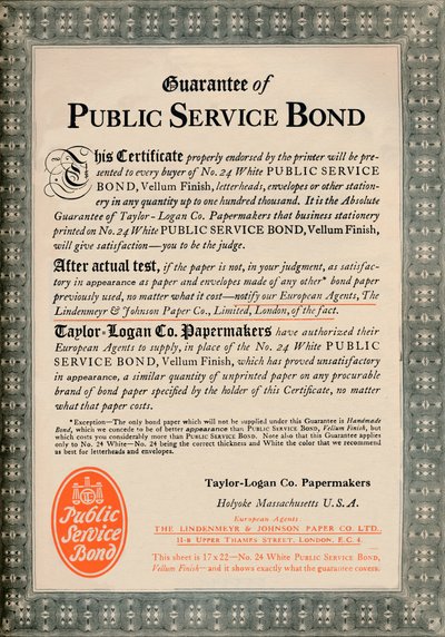 Garanti for offentlig tjenesteobligasjon - Taylor-Logan Co. Papermakers-annonse, 1919 av Unbekannt