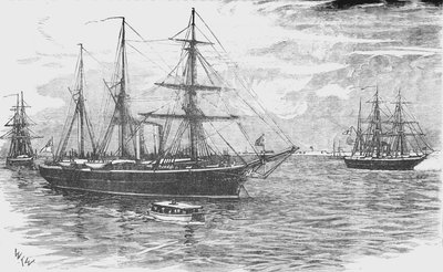 HMS Iris, med Gunboats Beacon and Decoy, Blockading Damietta, c1882 av Unbekannt