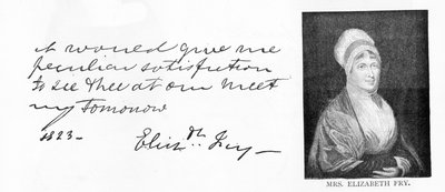 Håndskrift og signatur til Elizabeth Fry av Unbekannt