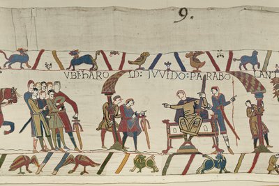 Harold og grev Guy av Ponthieu snakker sammen på Beaurain, Bayeux Tapestry (ullbroderi på lin) av Unbekannt